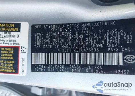 2015 Toyota Camry Se from USA, damaged, VIN 4T1BF1FK3FU476536